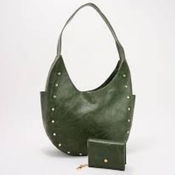 AHDORNED Vegan Leather Studded Hobo Purse Green  Boho Floral Lining Zip Pocket - Picture 1 of 5